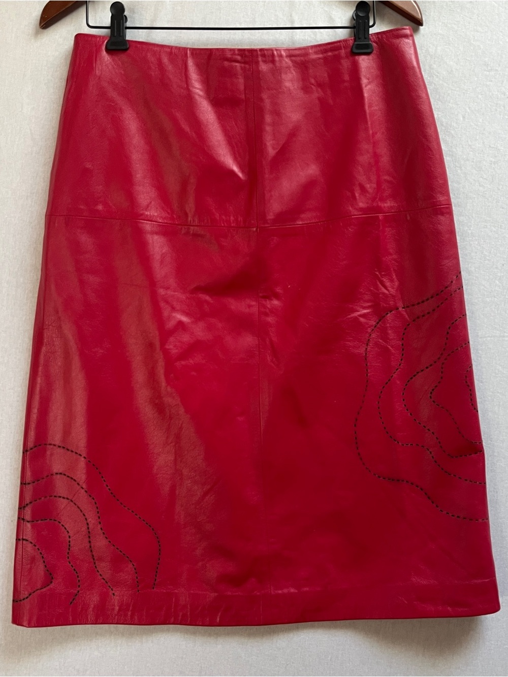 VTG Perry Ellis Red Leather A-Line Midi Skirt Perforated Rose Floral Cutout M